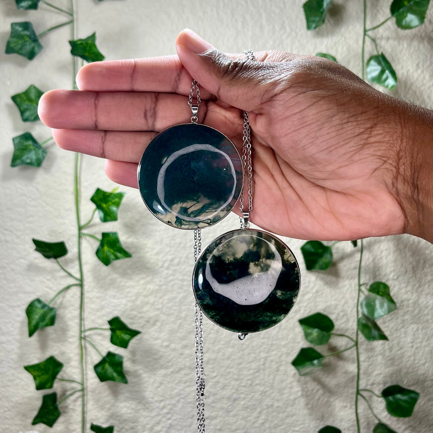 Moss Agate Circular Statement Necklaces