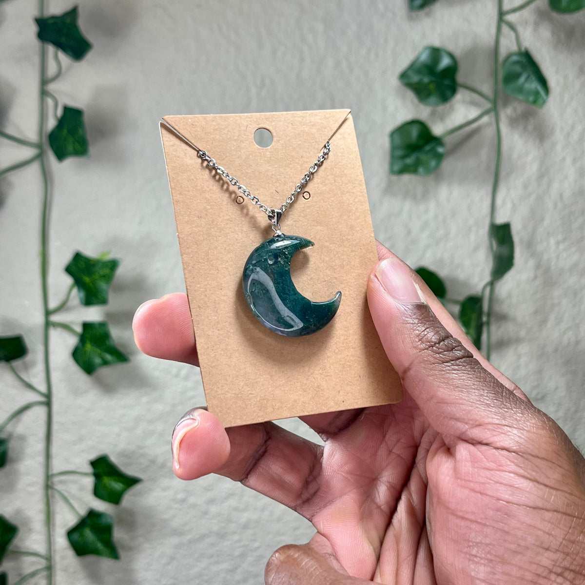 Moss Agate Moon Necklaces