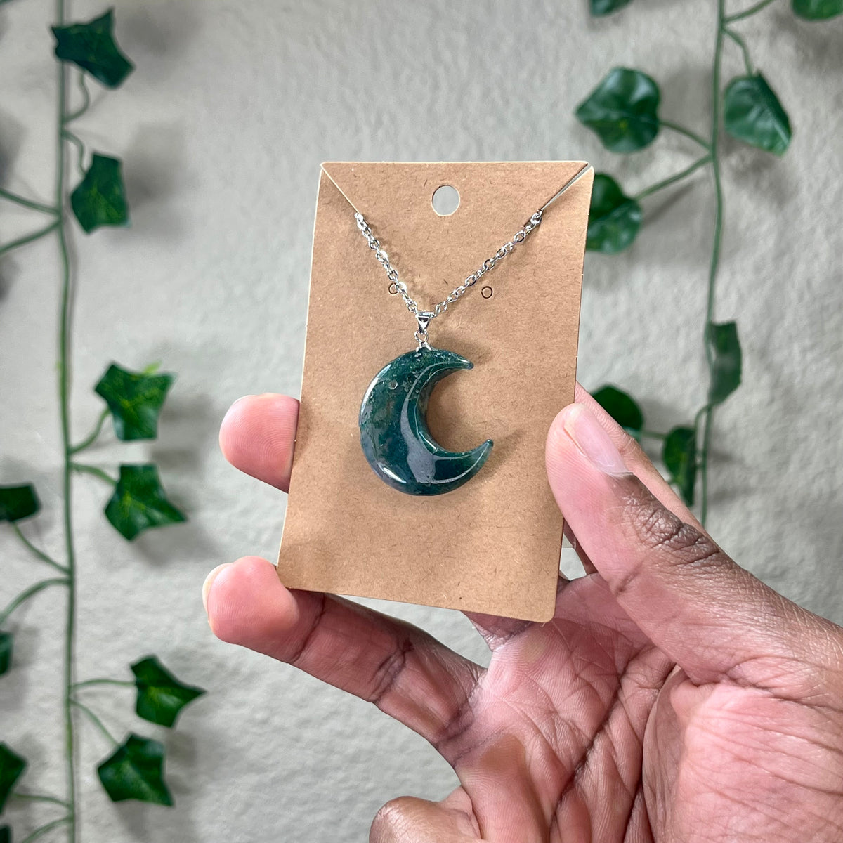 Moss Agate Moon Necklaces