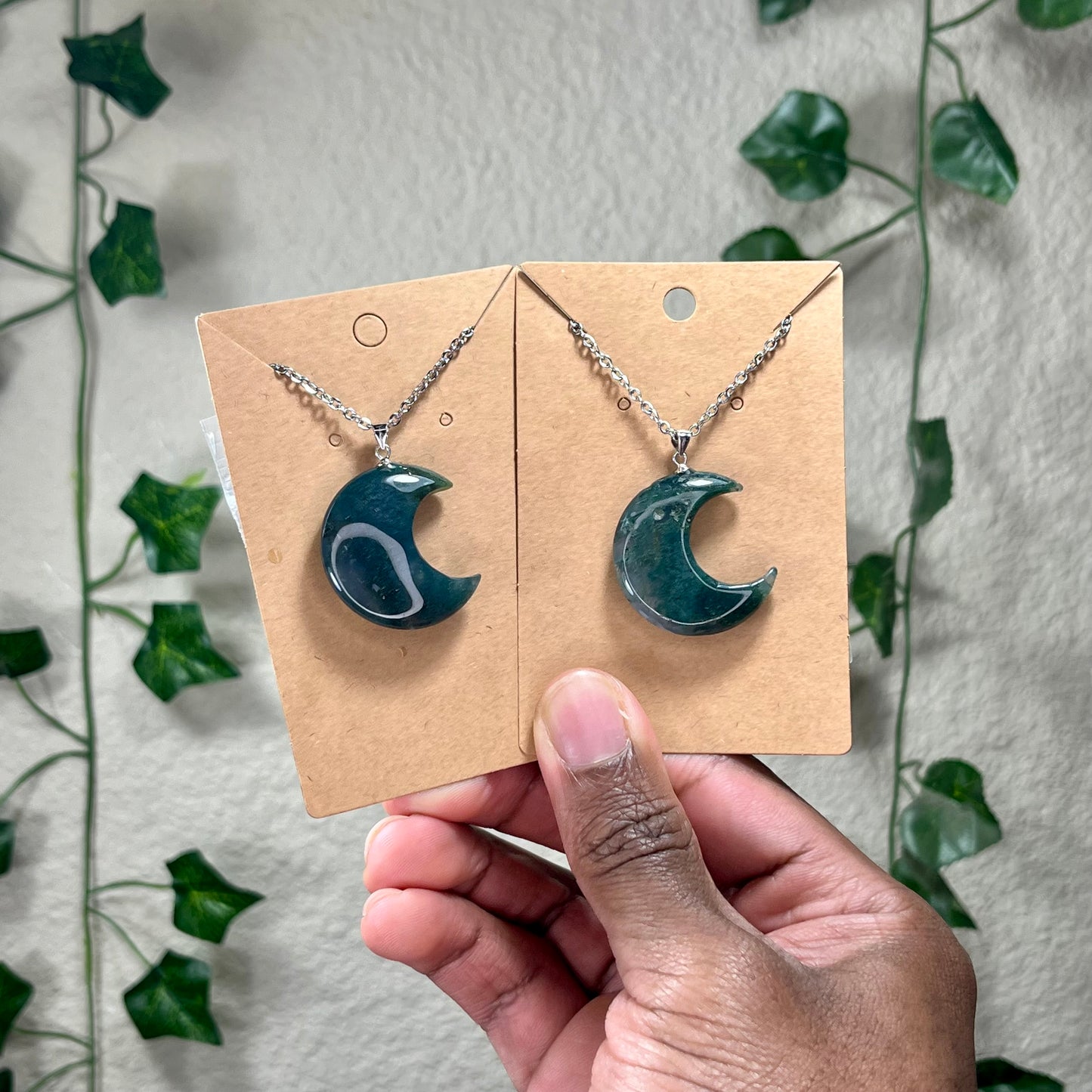 Moss Agate Moon Necklaces