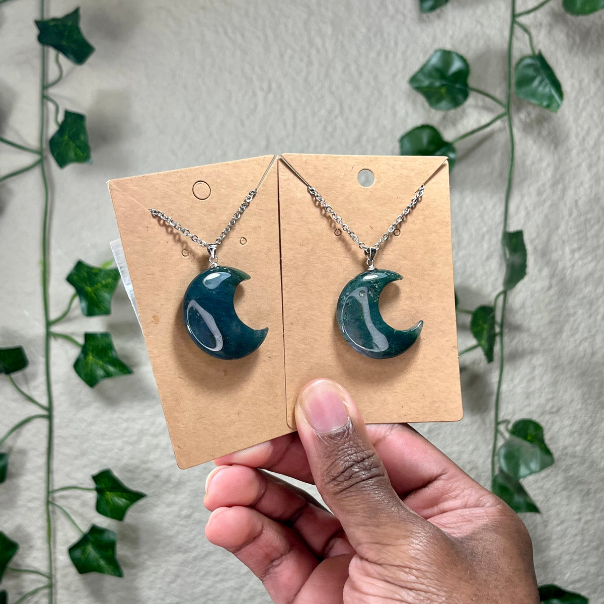 Moss Agate Moon Necklaces