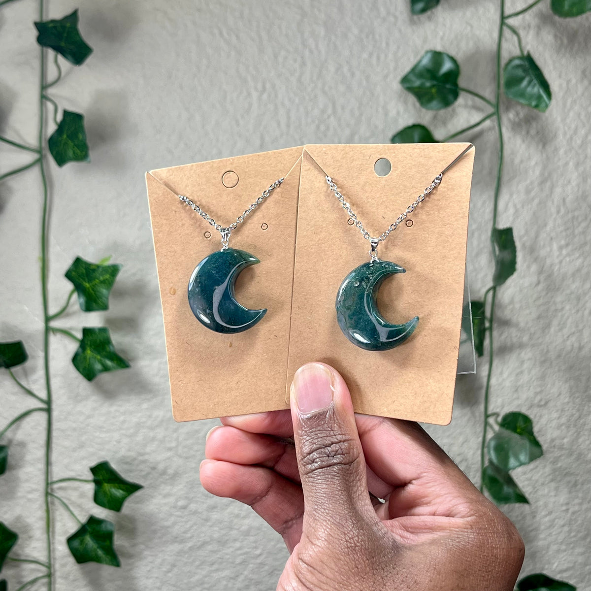 Moss Agate Moon Necklaces