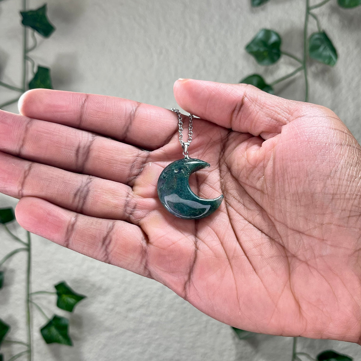 Moss Agate Moon Necklaces