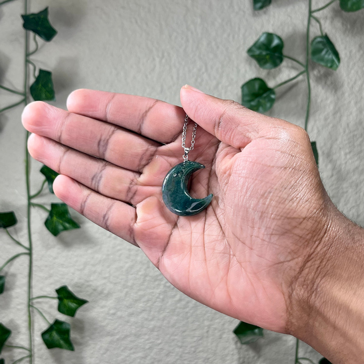 Moss Agate Moon Necklaces