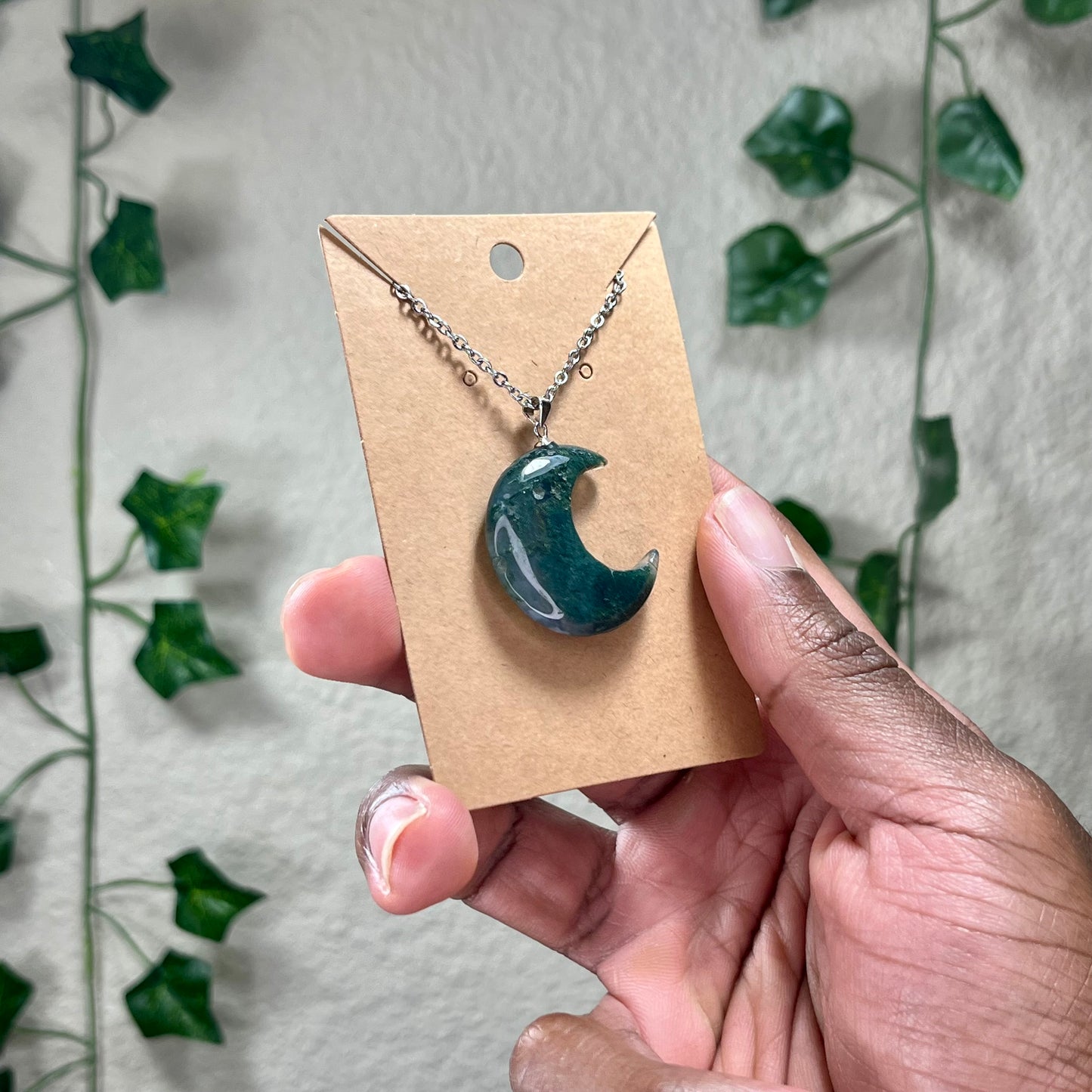 Moss Agate Moon Necklaces