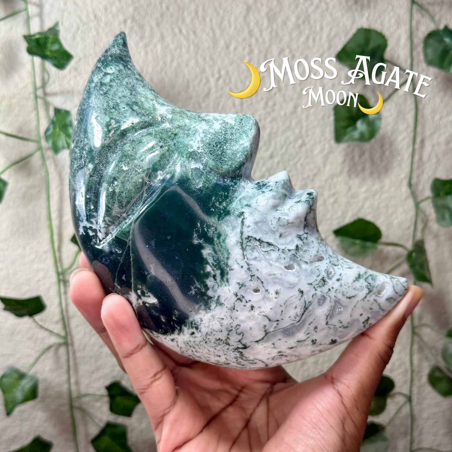 Statement Moss Agate Crescent Moon